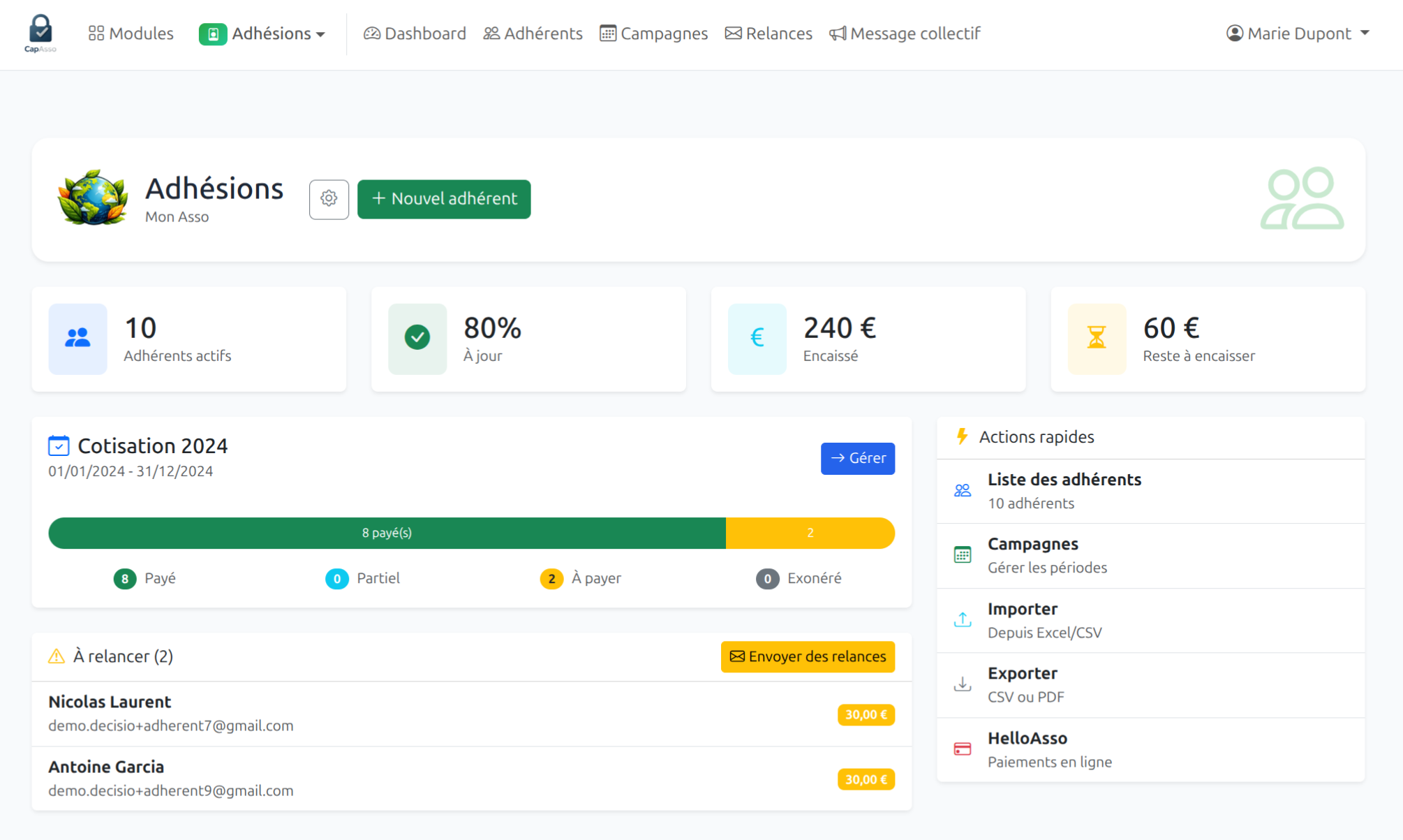 Tableau de bord Adhésions