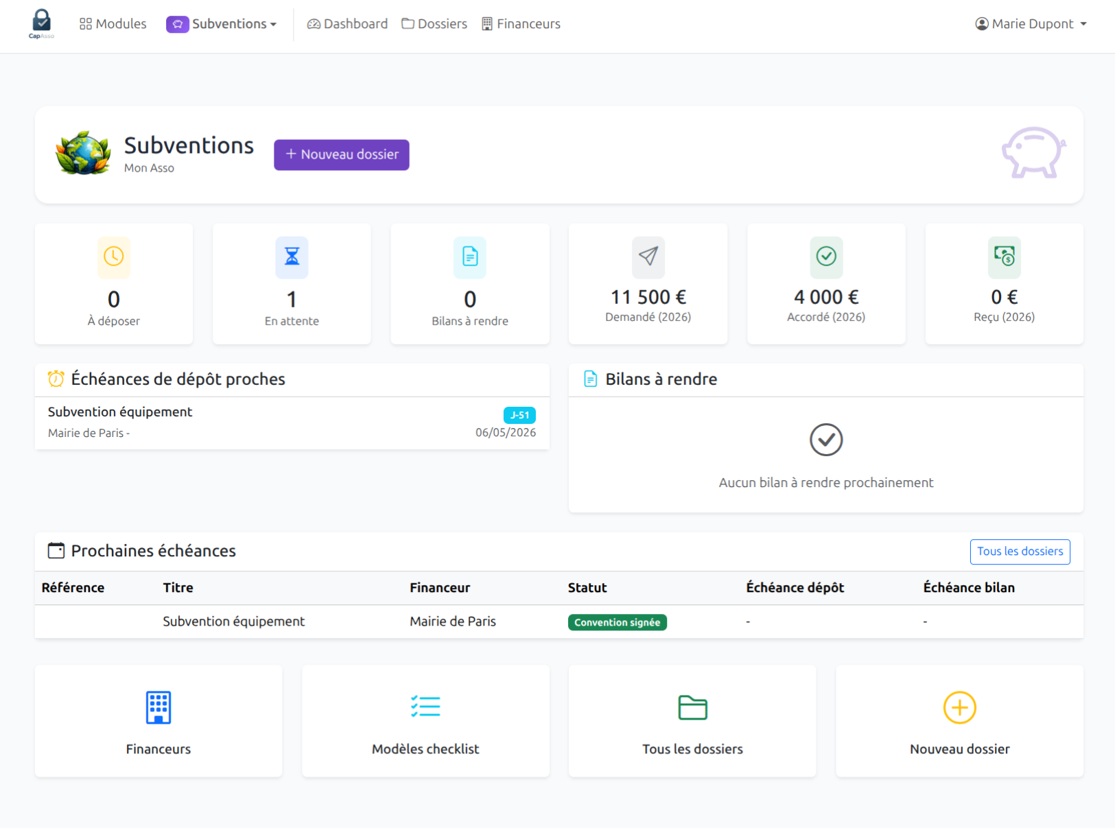 Tableau de bord Subventions