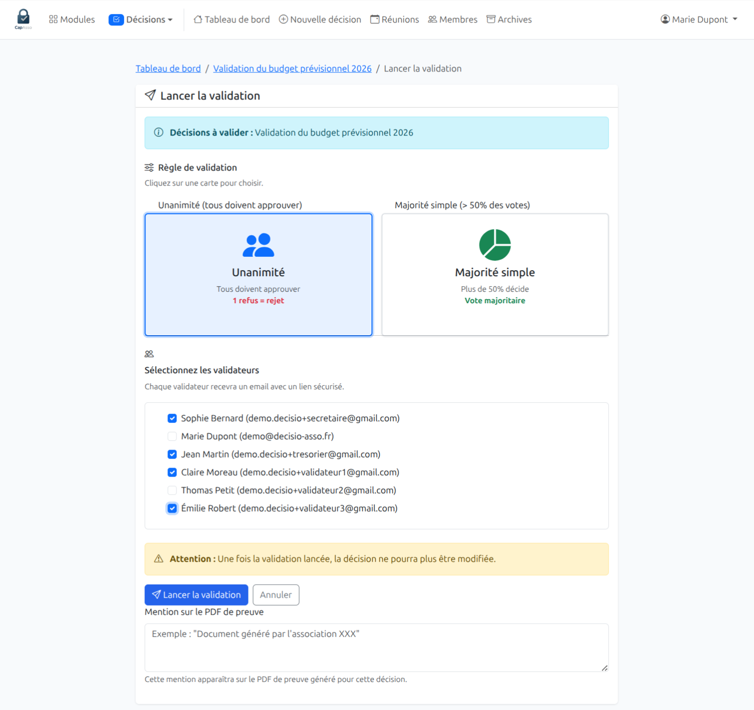 Lancer la validation