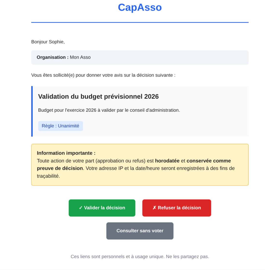 Email de demande de validation